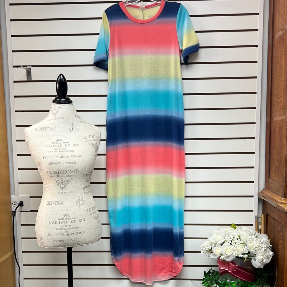 Striped Ombre Maxi Dress - Coral, Aqua, Navy, Yellow